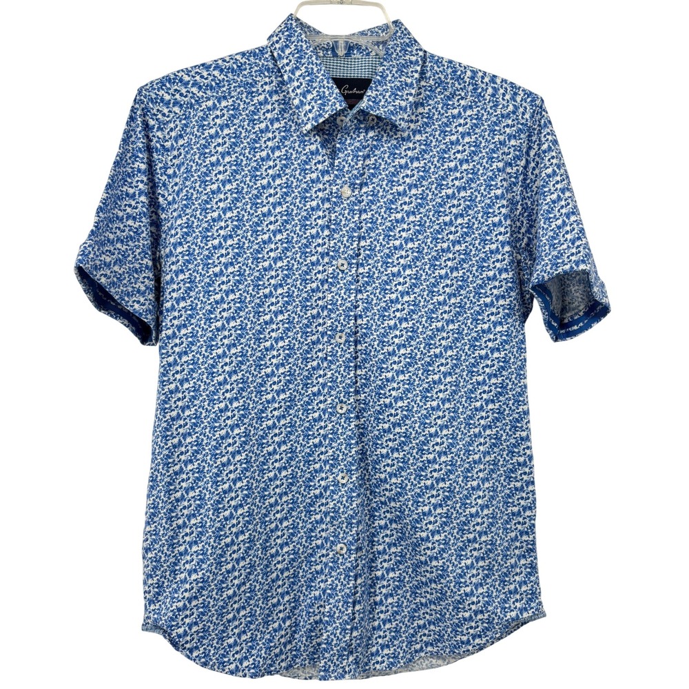 Robert Graham Mens Blue Micro Floral Print Short Sleeve Button Up Shirt Size M